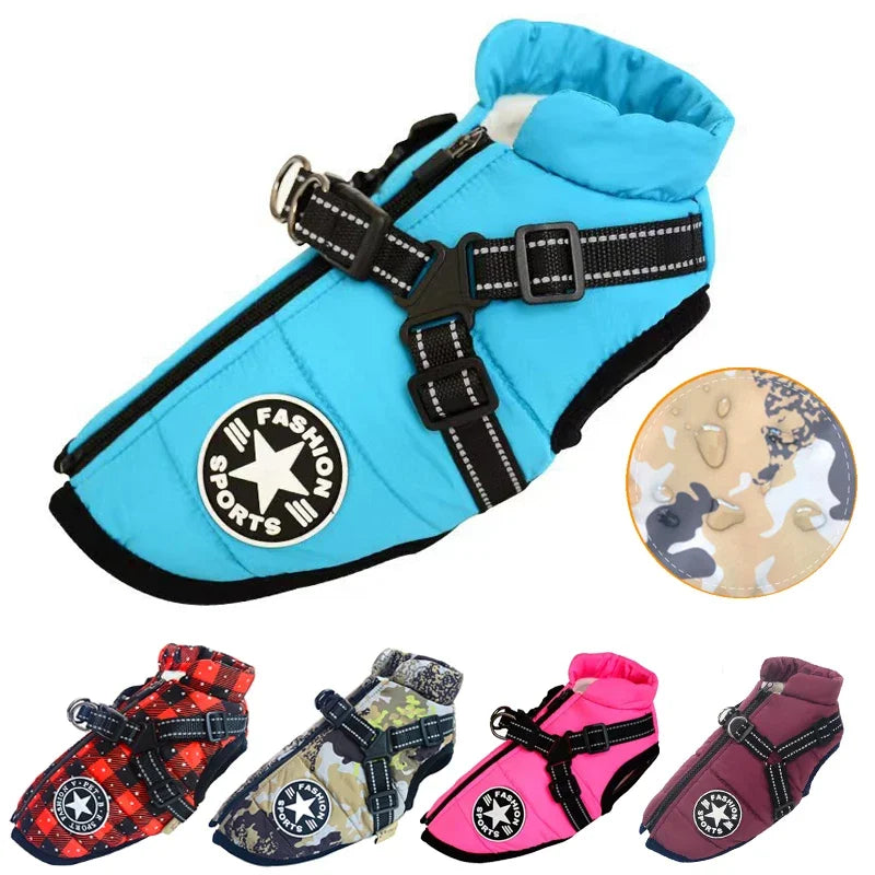 Large Dog Jacket with Harness โ Winter Warm Waterproof Coat for Big Dogs & Small Breeds