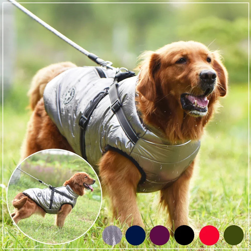 Large Dog Jacket with Harness – Winter Warm Waterproof Coat for Big Dogs & Small Breeds